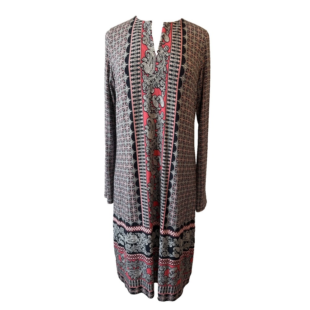 J Jill Pink Navy Paisley Long Sleeve Shift Stretch Dress Women's M Tall Boho